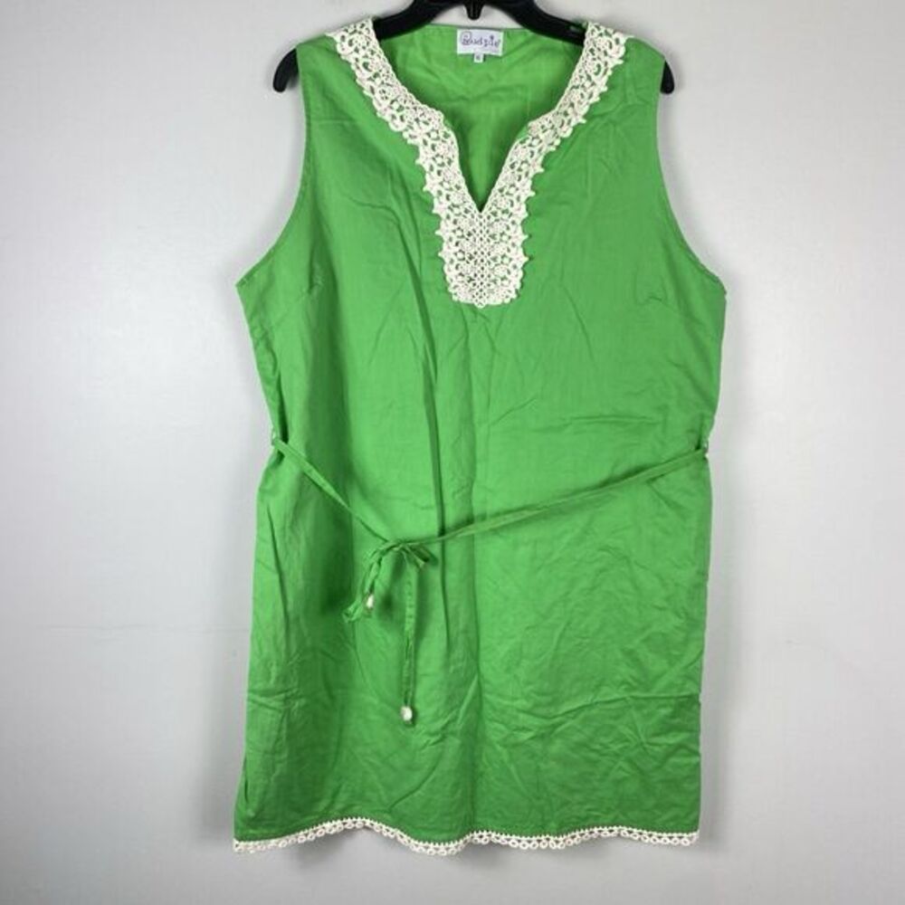 Mud Pie Womens Cotton XL Sleeveless Dress Green Crochet V Neck Beach Cruise - Picture 2 of 9